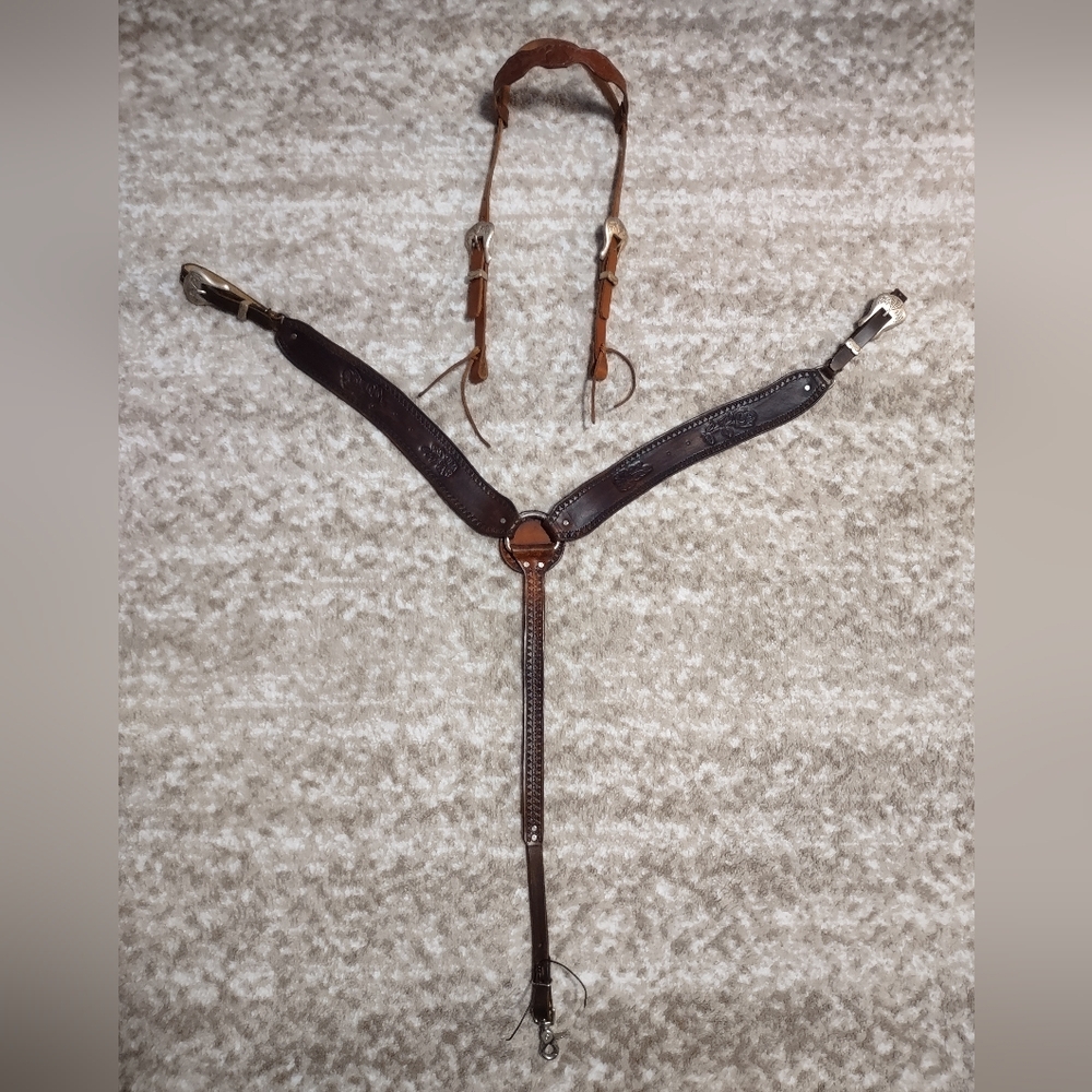 Paulith Western Riding Leather Headstall & Breast Collar O-ring Embossed Design